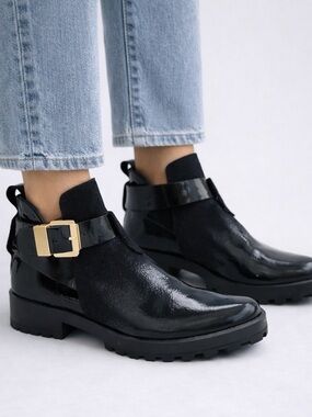 Miista Alexus Black Patent Leather Ankle Boots- Gold Buckle Chunky Lug Sole 37